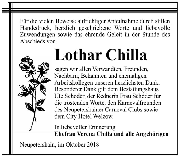 Danksagung Lothar Chilla