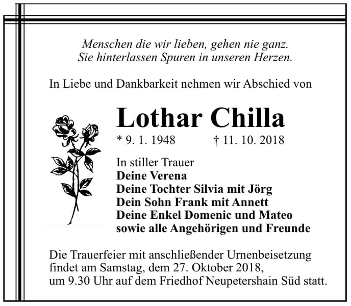 Traueranzeige Lothar Chilla