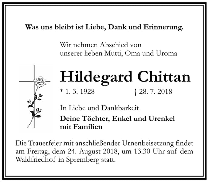 Traueranzeige Hildegard Chittan
