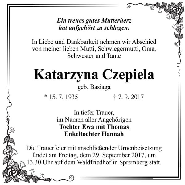 Traueranzeige Katarzyna Czepiela, geb. Basiaga