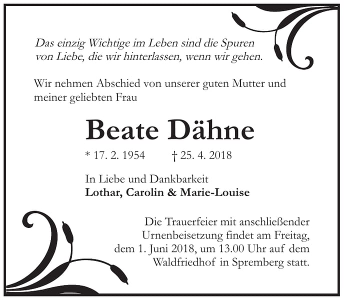 Traueranzeige Beate Dähne