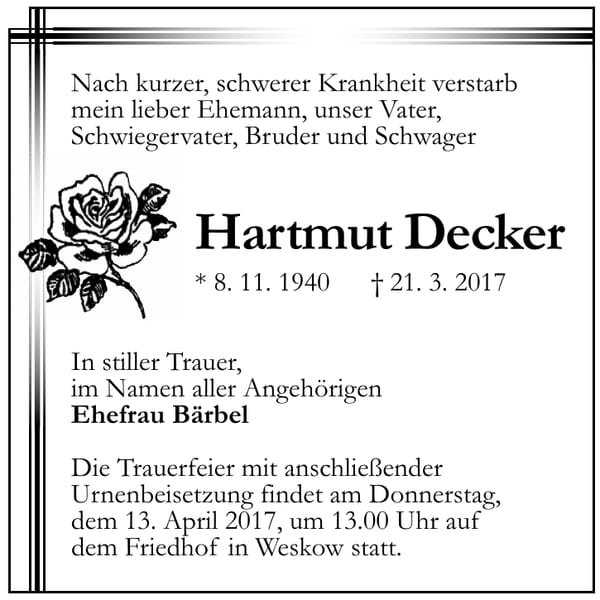 Traueranzeige Hartmut Decker