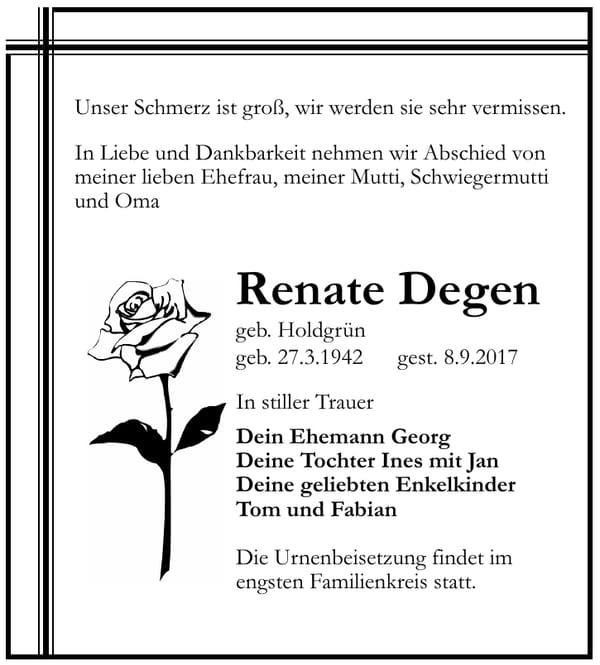 Traueranzeige Renate Degen, geb. Holdgrün