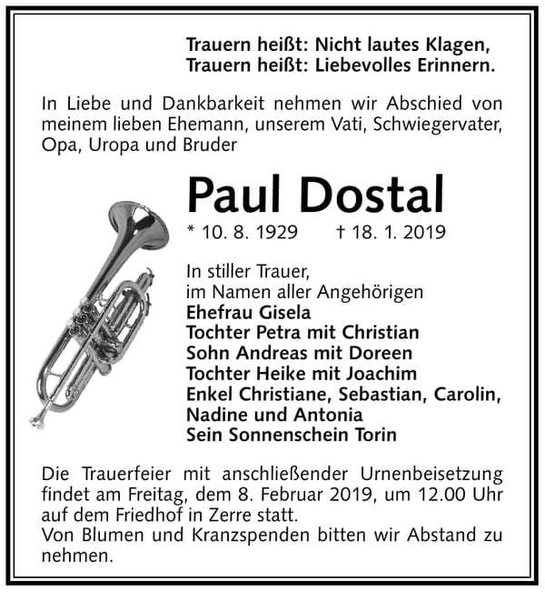 Traueranzeige Paul Dostal