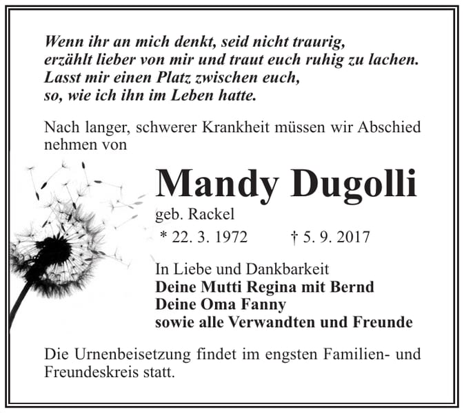 Traueranzeige Mandy Dugolli, geb. Rackel