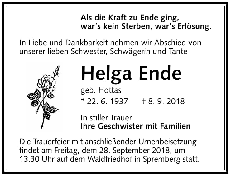 Traueranzeige Helga Ende, geb. Hottas