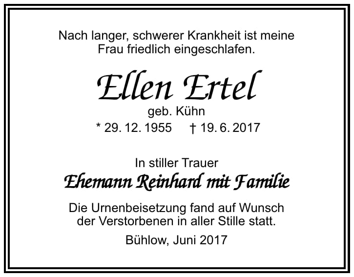 Traueranzeige Ellen Ertel, geb. Kühn