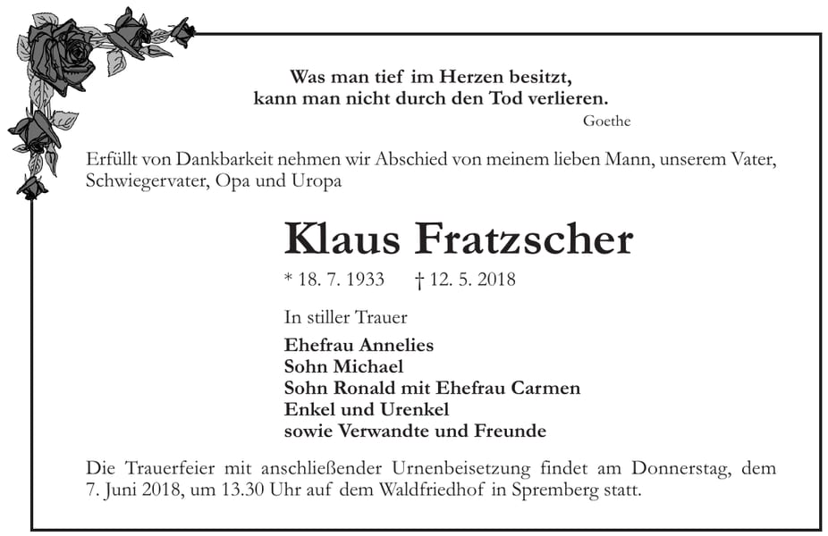 Traueranzeige Klaus Fratzscher