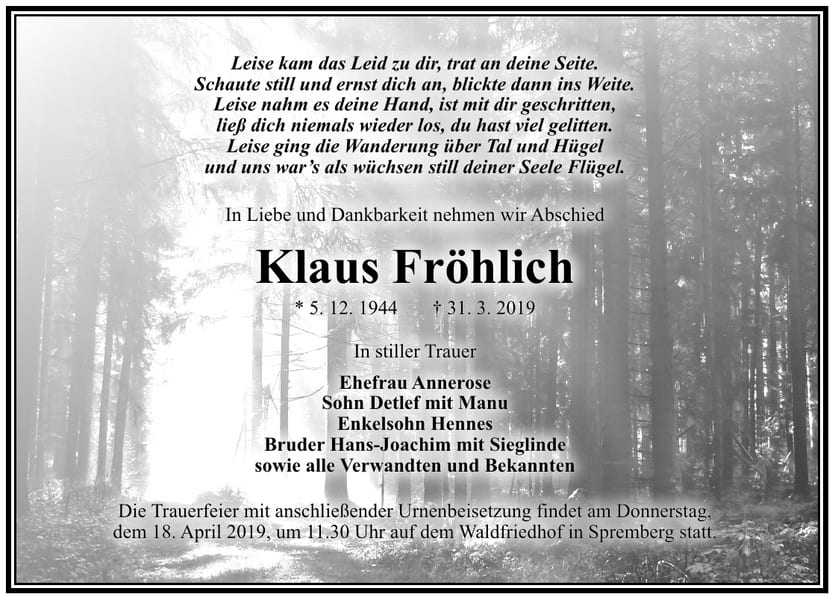 Traueranzeige Klaus Fröhlich