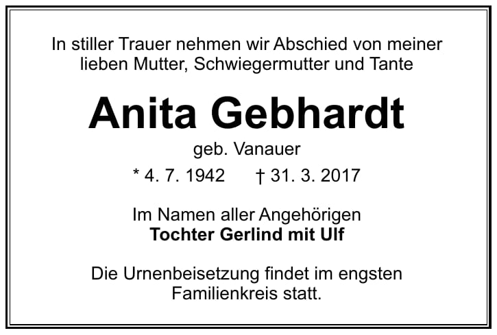 Traueranzeige Anita Gebhardt, geb. Vanauer