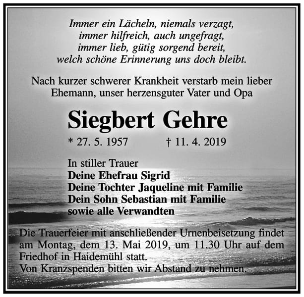 Traueranzeige Siegbert Gehre