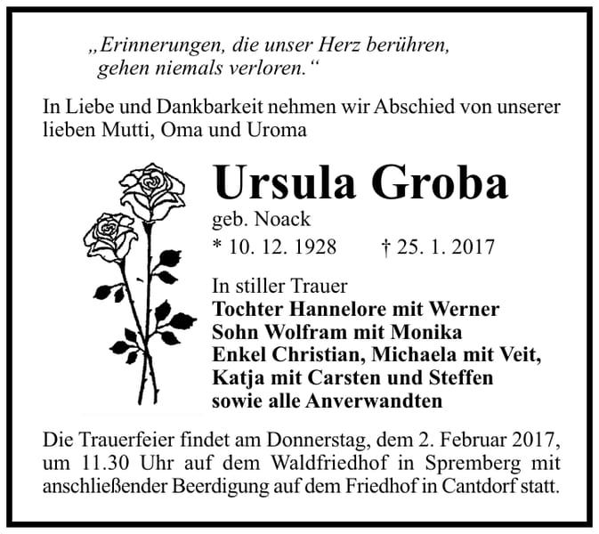Traueranzeige Ursula Groba, geb. Noack
