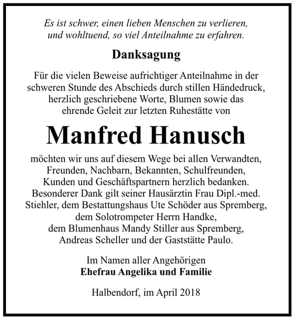 Danksagung Manfred Hanusch
