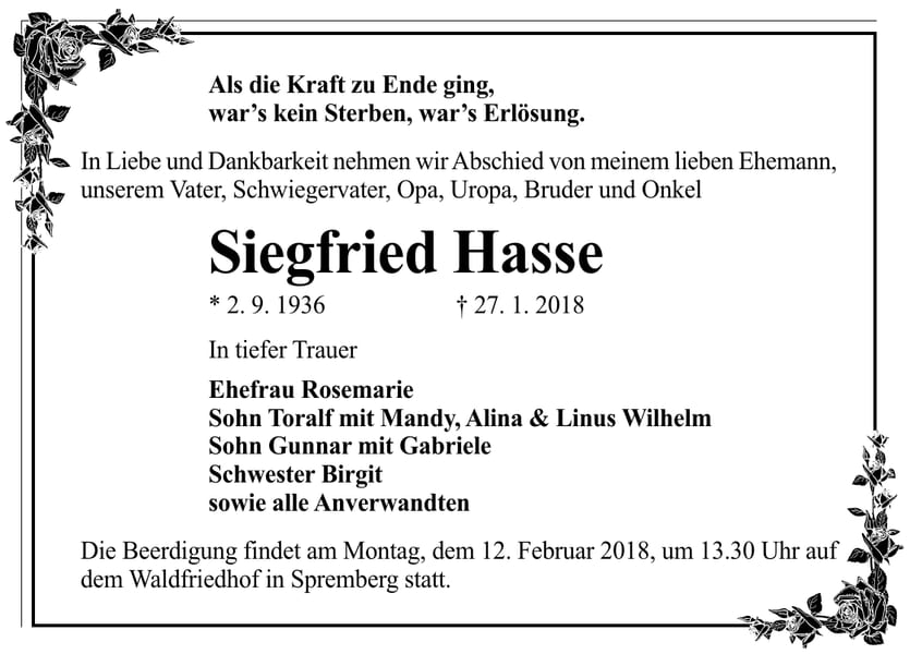 Traueranzeige Siegfried Hasse