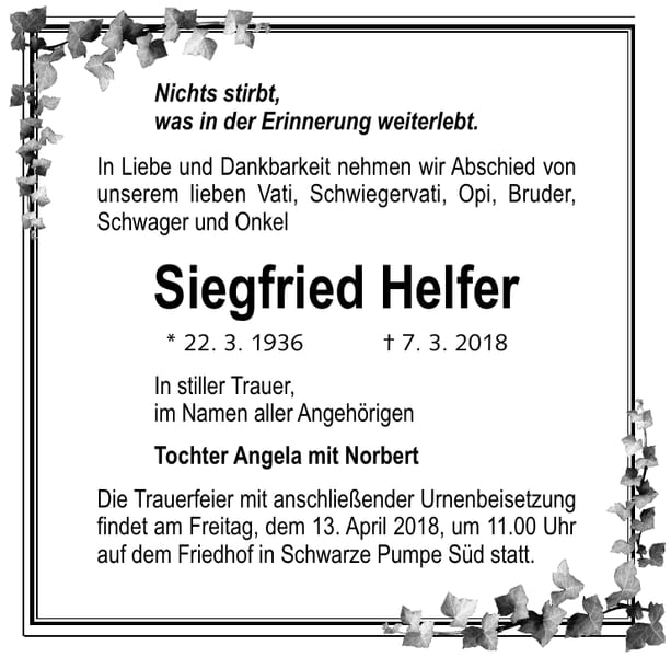 Traueranzeige Siegfried Helfer