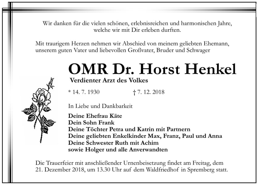 Traueranzeige OMR Dr. Horst Henkel