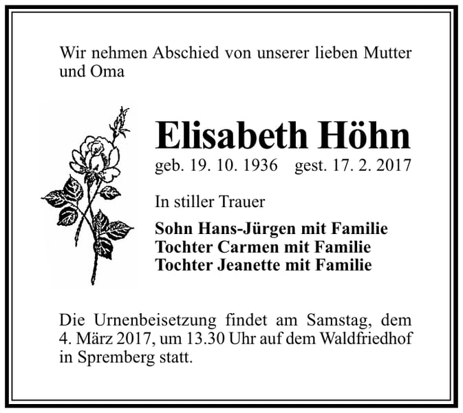 Traueranzeige Elisabeth Höhn