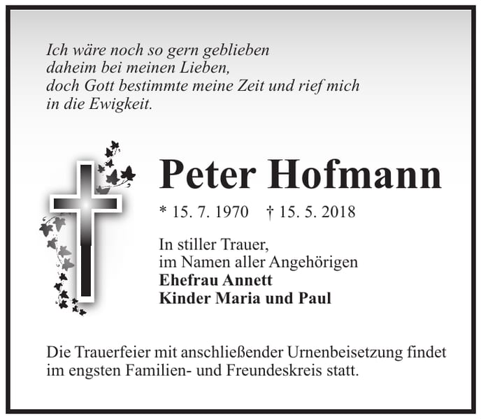 Traueranzeige Peter Hofmann
