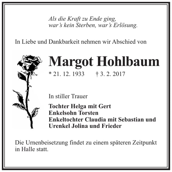 Traueranzeige Margot Hohlbaum