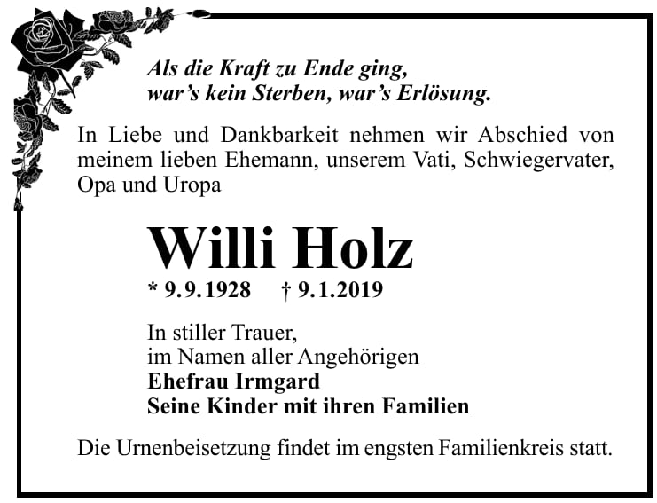 Traueranzeige Willi Holz