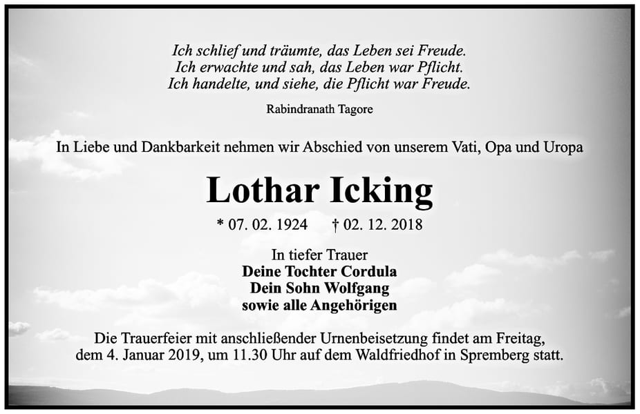 Traueranzeige Lothar Icking
