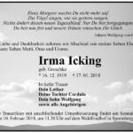 Traueranzeige Irma Icking, geb. Groschke