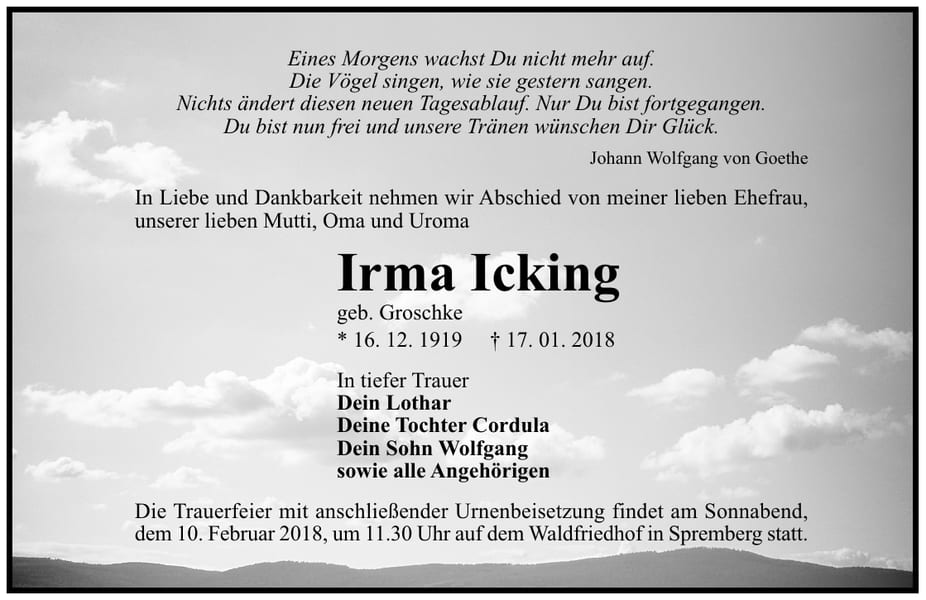Traueranzeige Irma Icking, geb. Groschke