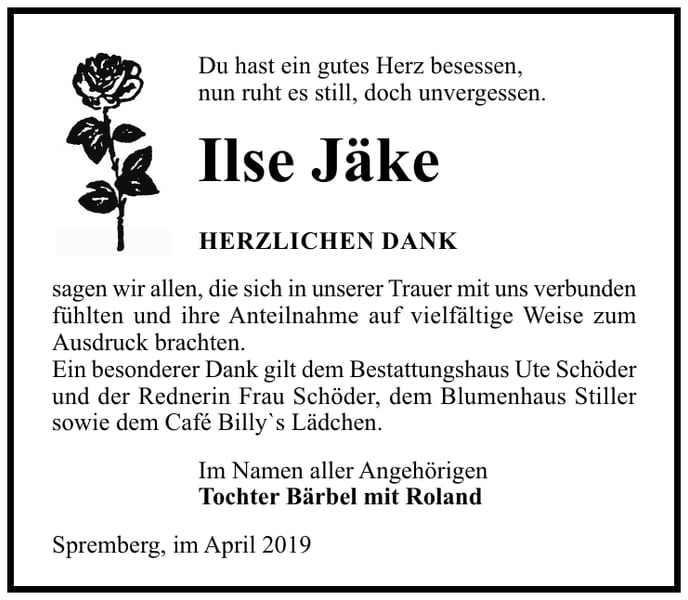 Traueranzeige Ilse Jäke