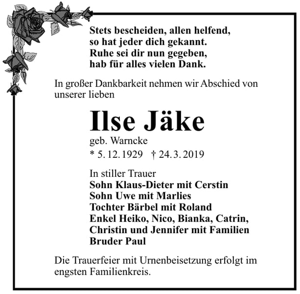 Traueranzeige Ilse Jäke, geb. Warncke