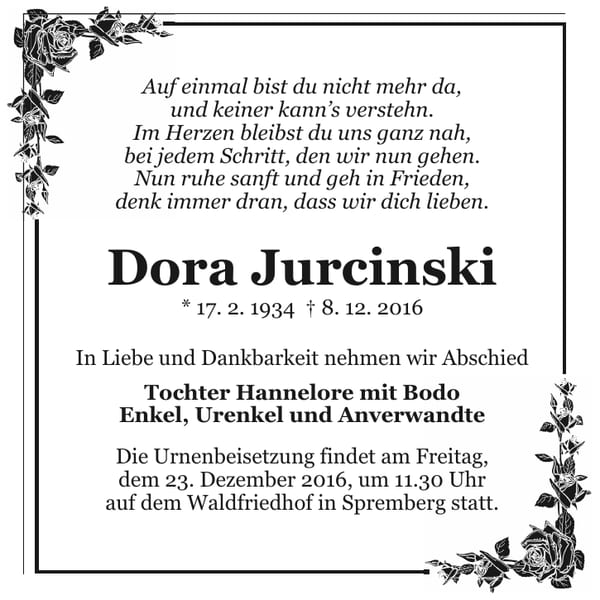 Traueranzeige Dora Jurcinski