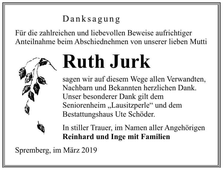 Traueranzeige Ruth Jurk
