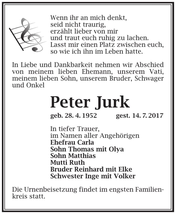 Traueranzeige Peter Jurk