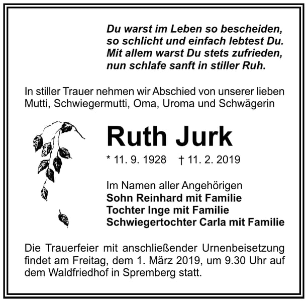 Traueranzeige Ruth Jurk