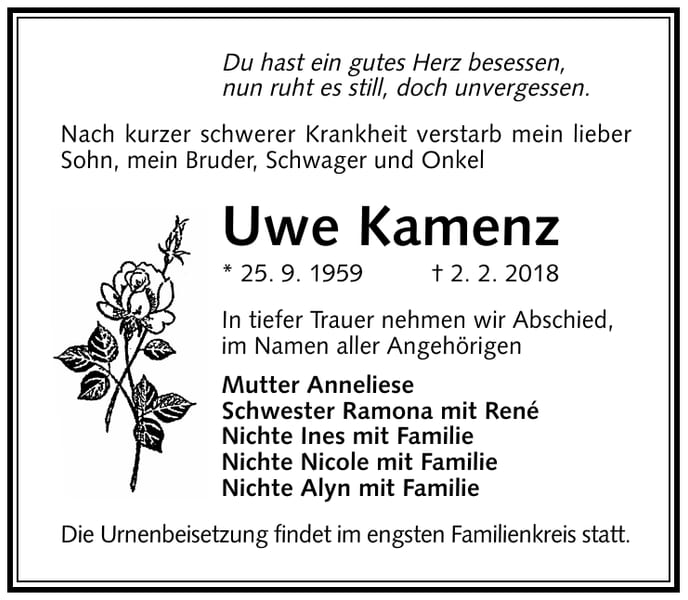 Traueranzeige Uwe Kamenz