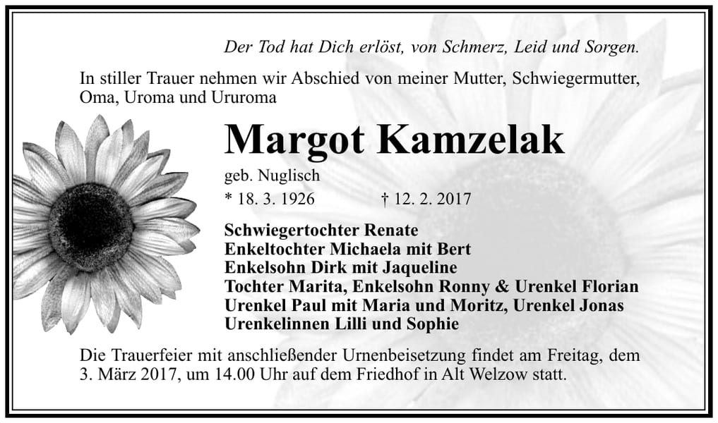 Traueranzeige Margot Kamzelak, geb. Nuglisch