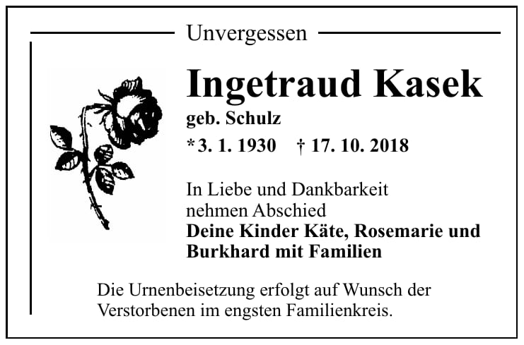 Traueranzeige Ingetraud Kasek, geb. Schulz