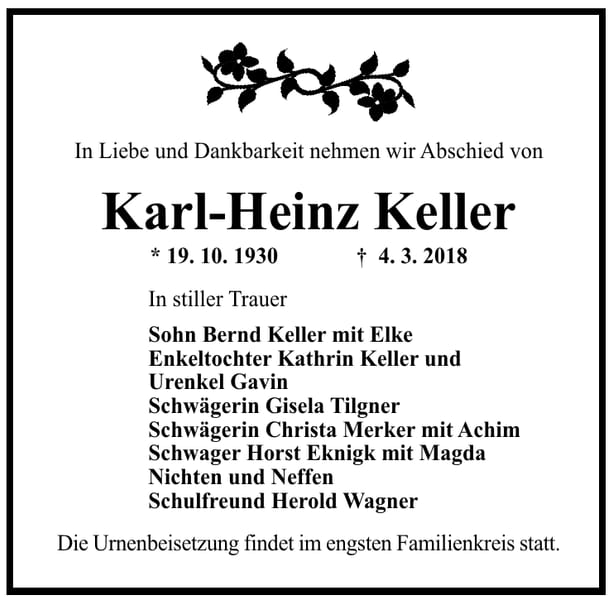 Traueranzeige Karl-Heinz Keller