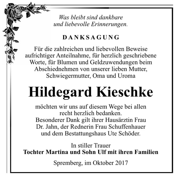 Danksagung Hildegard Kieschke