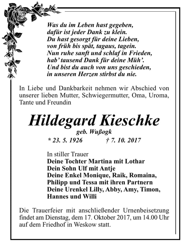 Traueranzeige Hildegard Kieschke, geb. Wußogk