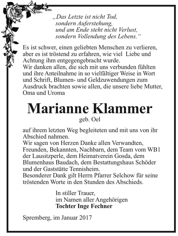 Danksagung Marianne Klammer, geb. Oel