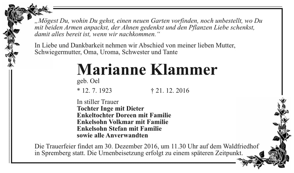 Traueranzeige Marianne Klammer, geb. Oel