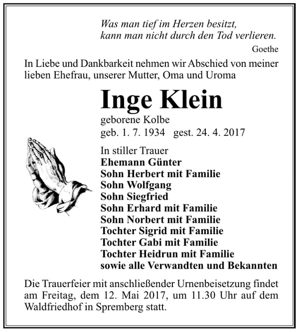 Traueranzeige Inge Klein