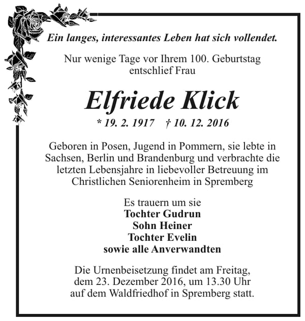 Traueranzeige Elfriede Klick