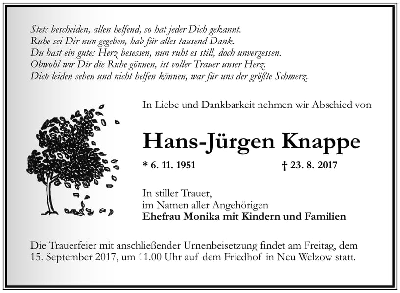 Traueranzeige Hans-Jürgen Knappe