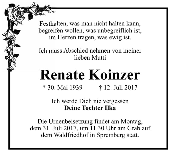 Traueranzeige Renate Koinzer