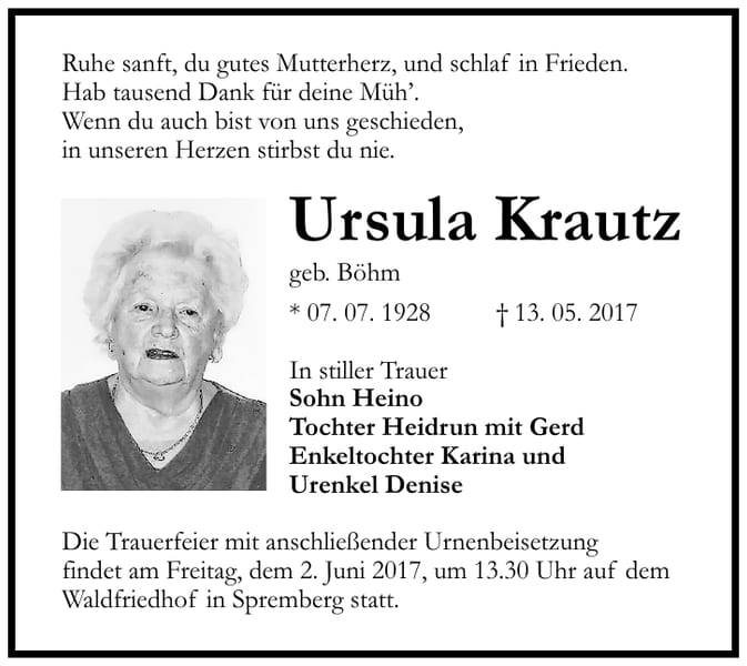 Traueranzeige Ursula Krautz, geb. Böhm