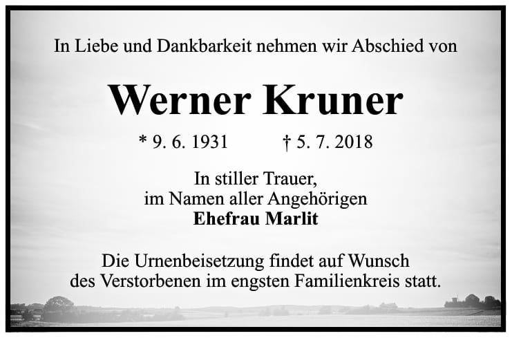 Traueranzeige Werner Kruner
