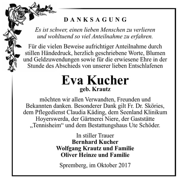 Danksagung Eva Kucher, geb. Krautz
