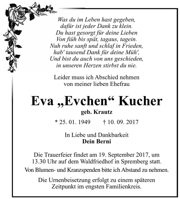Traueranzeige Eva „Evchen“ Kucher, geb. Krautz