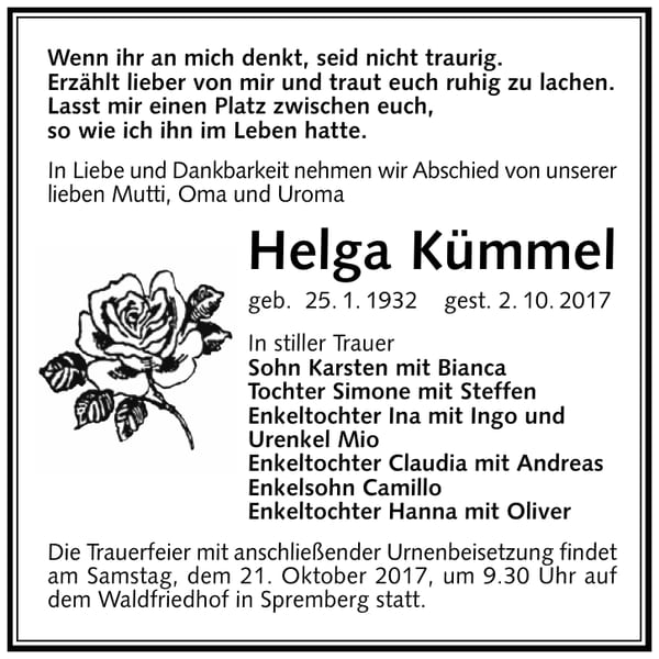 Traueranzeige Helga Kümmel